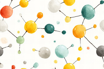 Abstract Grid Composition Featuring Watercolor Nodes and Connecting Lines in Soft Pastel Colors on White Background