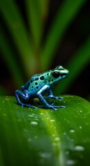 Vibrant Blue And Green Frog On Dewy Leaf