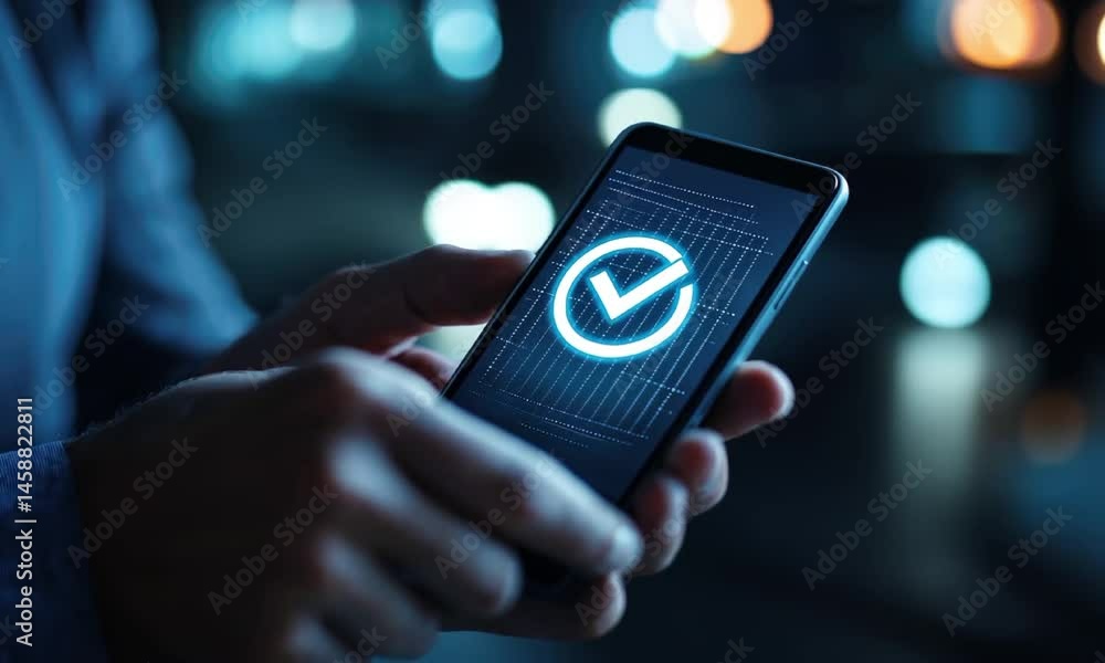 Poster man holding smartphone display glowing check mark icon animation video. mobile identity verification