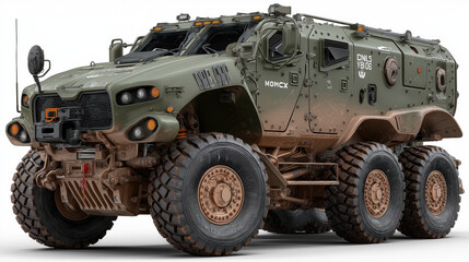Modern military armored personnel carrier with tactical wheels, matte green paint, no background, high-detail 3D render