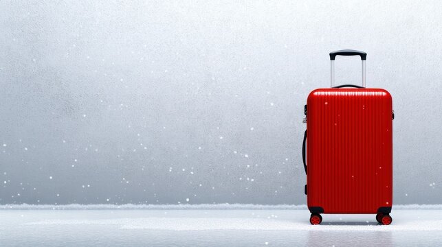 Red suitcase in snowy winter setting travel holiday vacation concept