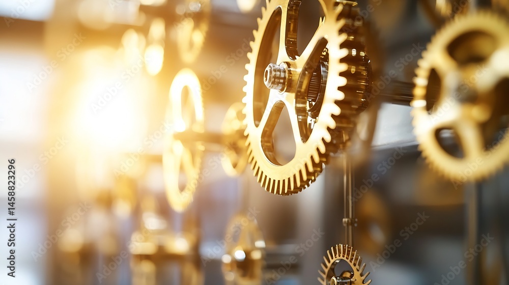 Fototapete Close-up of intricate golden gears intermeshing, showcasing precision engineering and mechanical complexity.  A detailed view of clockwork mechanism components. : Generative AI