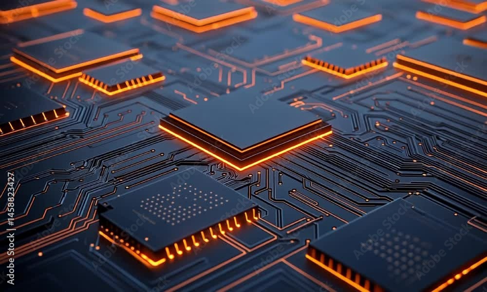 Aufkleber glowing microchips and printed circuit lines animation video. modern computing and high-tech motherb