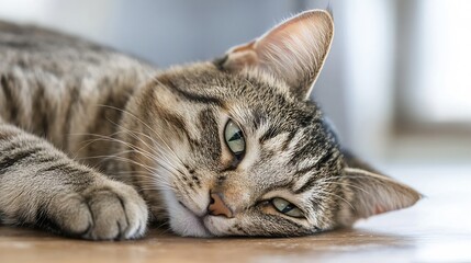 Close-up of a tabby cat resting its head on a wooden floor, showing its soft fur, green eyes, and relaxed posture. : Generative AI