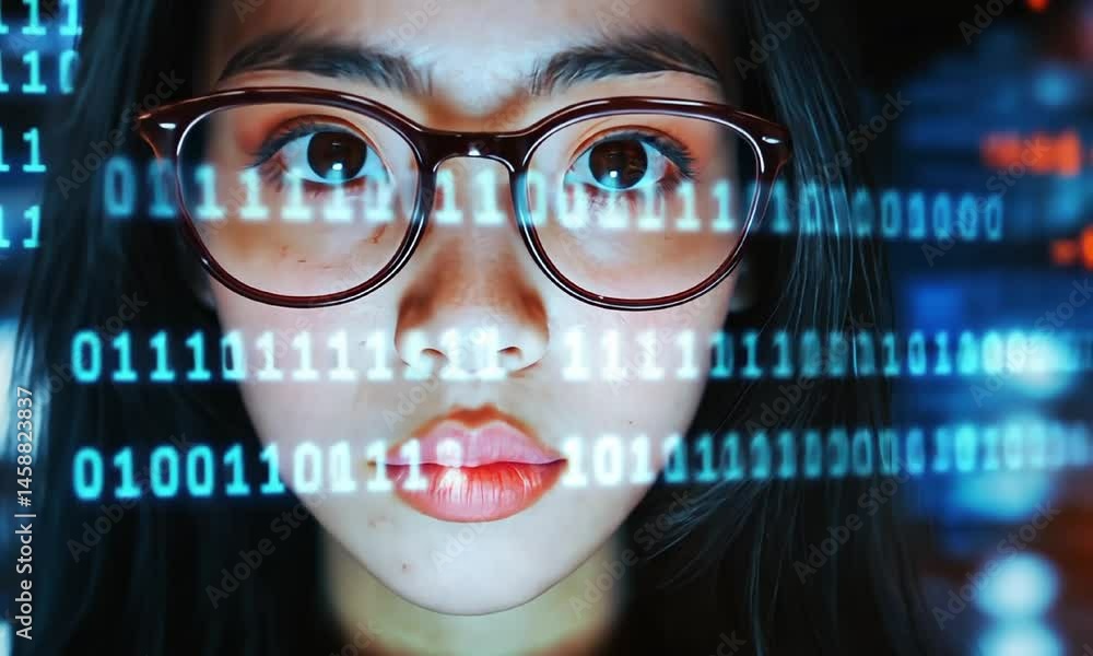 Poster focused ai developer asian woman in glasses animation video. young female engineer analyzing data bi