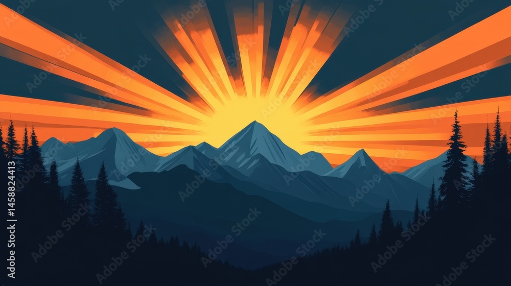 Poster a bright vector of sun rays crisscrossing a dark sky, creating a powerful contrast between light and
