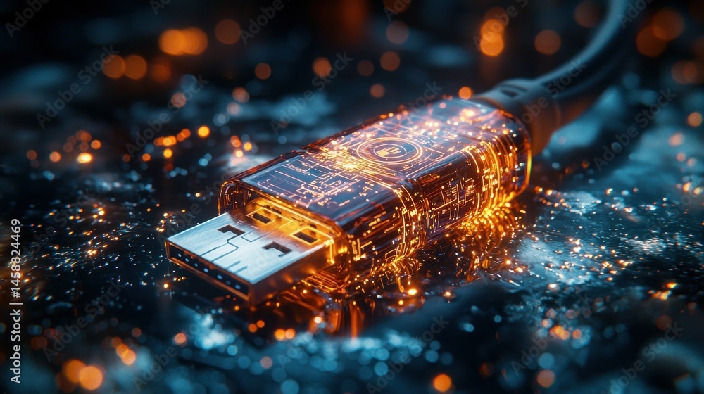 Poster usb connector glows with circuit details and digital sparks