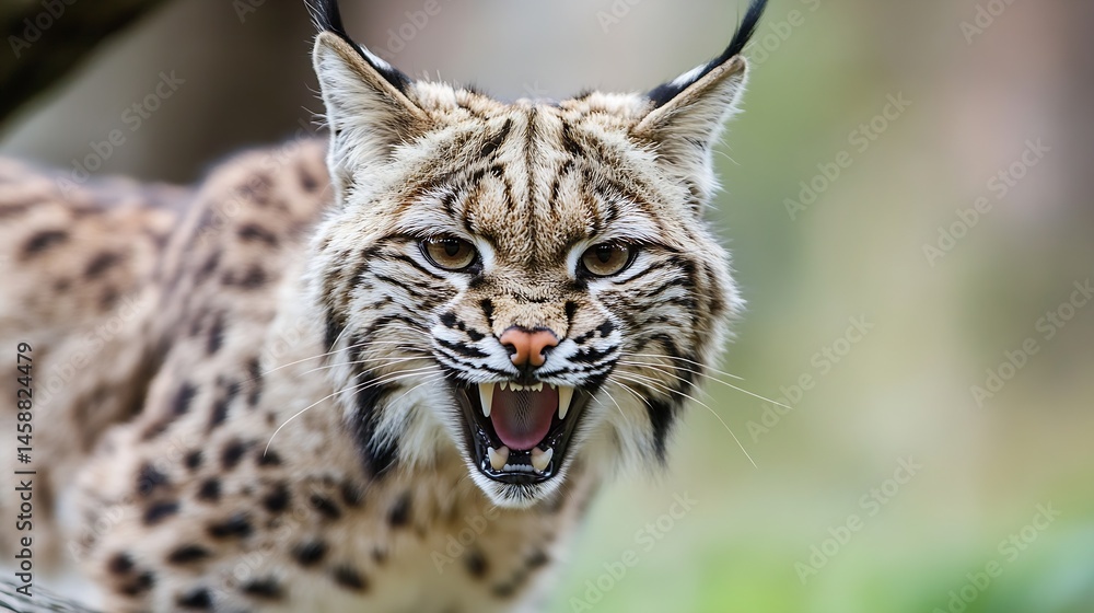 Poster close-up portrait of a bobcat with its mouth open, showing sharp teeth and intense gaze. the wild fe