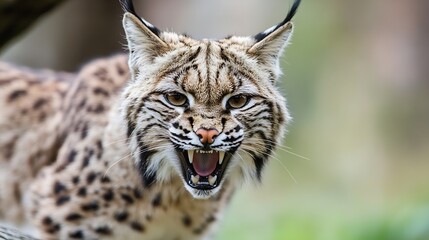 Close-up portrait of a bobcat with its mouth open, showing sharp teeth and intense gaze. The wild feline's fur is a mix of brown, beige, and black, creating a striking contrast against : Generative AI