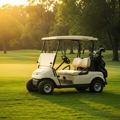 Empty Golf Buggy on Wide Green Golf Links in Morning Light.
