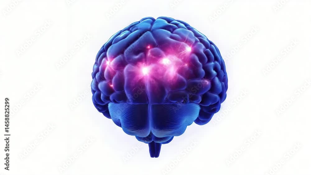 Poster glowing brain rotating with pink neural connections animation video. synaptic activity ai anatomy an