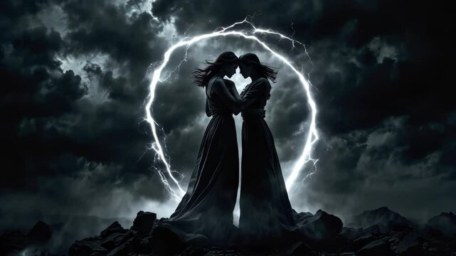 Two witches women embracing under a magical electric halo during a stormy night, conjuring an enchanting scene filled with fantasy, power, and a sense of mystery in the dark atmosphere and lesbian
