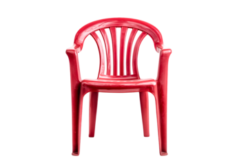 A solitary red plastic chair stands alone against a black background simple yet striking