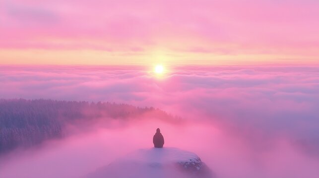 Silhouette of Person on Snowy Mountaintop at Sunrise with Pink Clouds