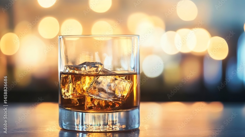 Poster a rocks glass of amber whiskey sits on a bar counter, illuminated by warm, blurred lights in the bac