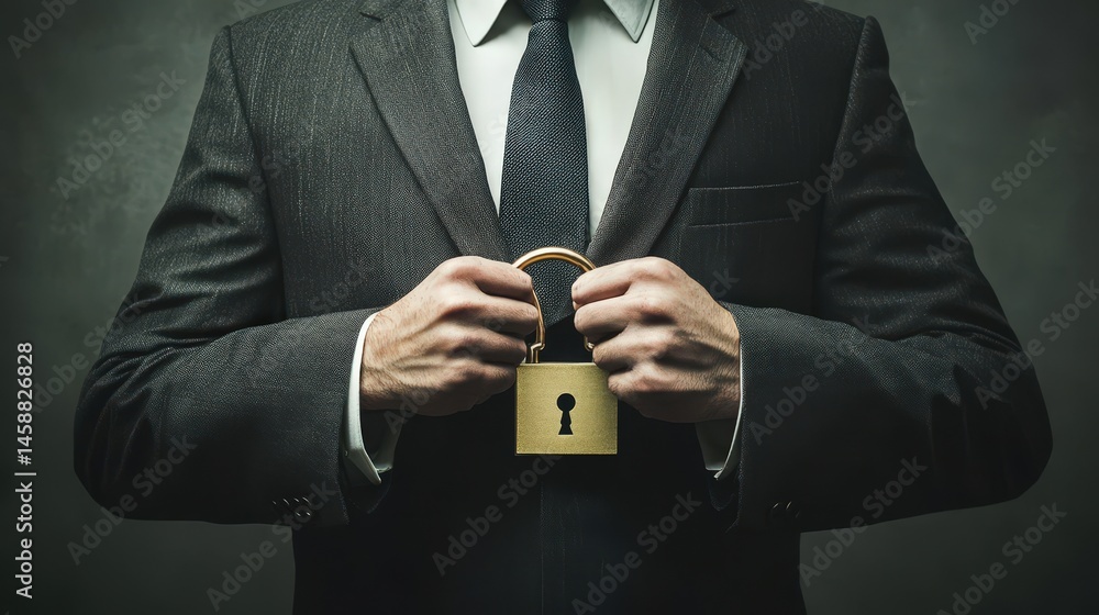 Poster a businessman securing sensitive corporate data with an advanced encryption system