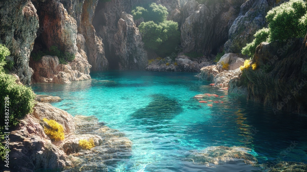 Poster a calm and tranquil lagoon protected by towering cliffs. crystal-clear water reveals the colorful re