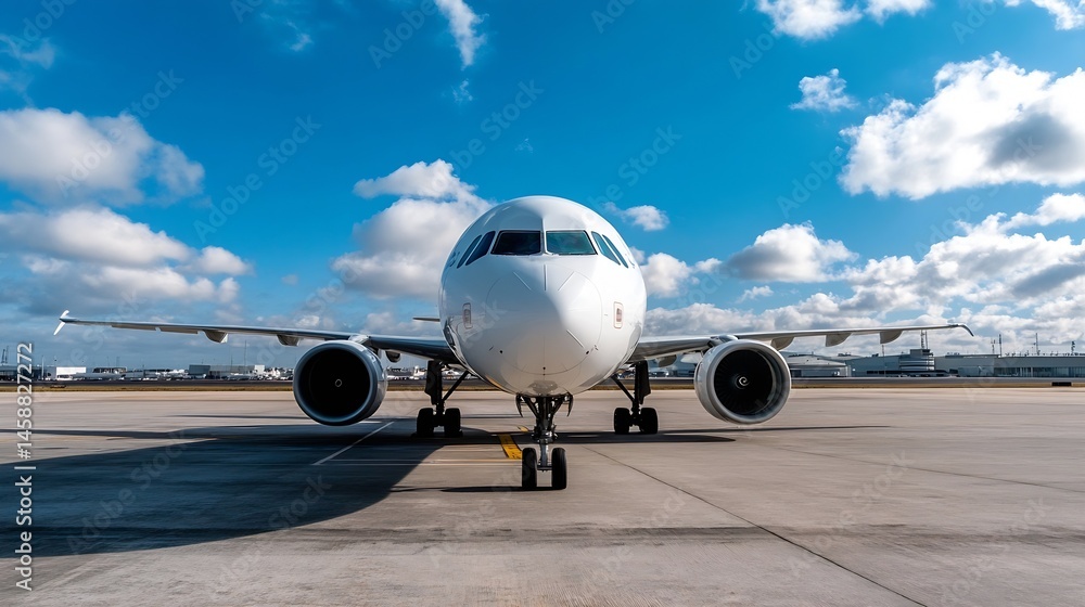 Poster front view of a white passenger airplane parked on the tarmac under a partly cloudy blue sky, ready 