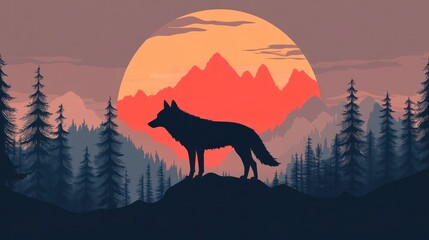 Majestic Wolf Silhouette at Sunset in the Mountains