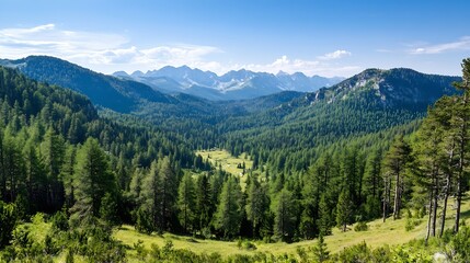 Fototapeta premium Majestic mountain range view, showcasing a lush green valley nestled amongst towering pine trees under a vibrant blue sky. The scene evokes a sense of serenity and natural beauty. : Generative AI