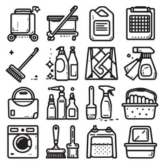vector clip art set of cleaning elements, simple line style icons