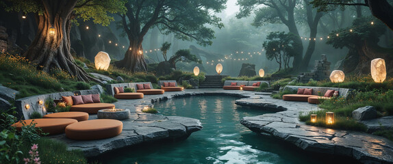 Obraz premium Enchanting outdoor lounge area with serene pond and cozy lighting in a lush forest