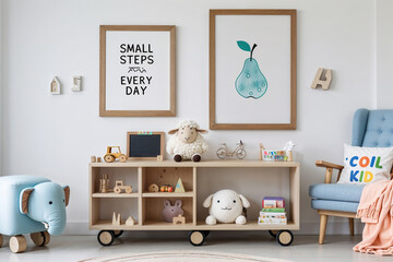 A cozy and inviting children's room interior, featuring a light wooden shelving unit on wheels, adorned with various toys and decorative items