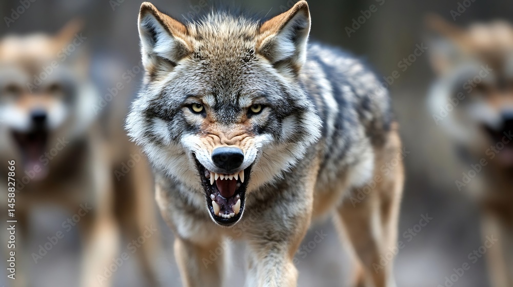 Poster a menacing grey wolf bares its teeth, snarling aggressively, while two other wolves are blurred in t