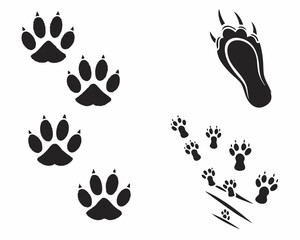Fototapeta premium Mysterious animal paw prints a trail of intrigue Large cat small paws claw marks black silhouettes on white Simple