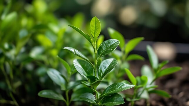 Fototapeta Close-up view of vibrant green plant seedlings, showcasing lush foliage and healthy growth in a natural setting.  The image depicts new life and environmental themes. : Generative AI