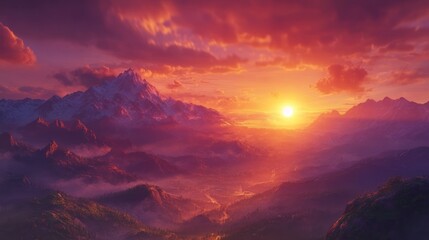 Fototapeta premium Majestic sunset over snow-capped Himalayan mountains, vibrant colors, valley below, tranquil.