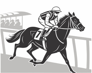 Jockey and horse racing number 7 thrilling race black and white vector illustration intense moment equestrian sport