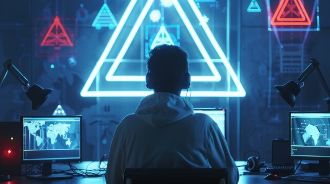 Hacker imagery with alert symbols