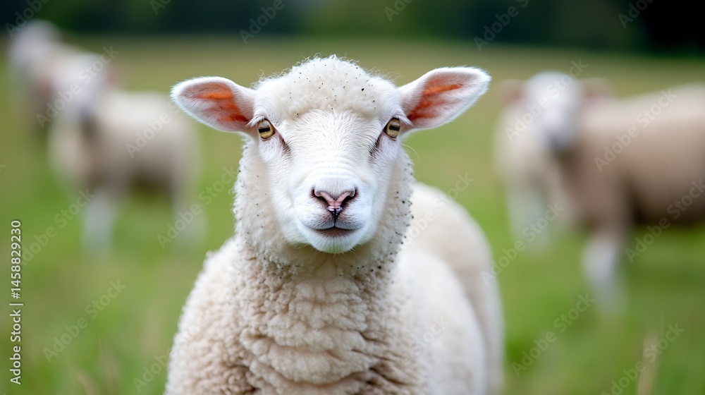 Poster close-up portrait of a young, white sheep in a lush green pasture, looking directly at the camera wi