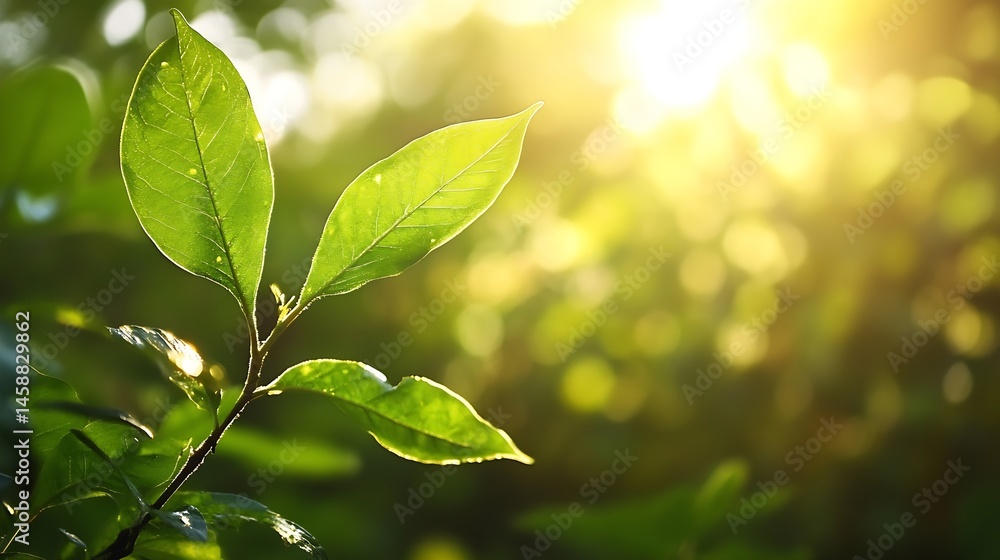 Aufkleber two vibrant green leaves illuminated by warm sunlight, showcasing intricate leaf veins and a bokeh b