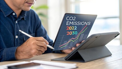 A person analyzing co2 emissions data on a tablet examining future climate projections