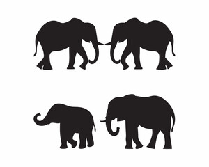 Majestic elephant silhouettes a family of four elegantly posed against a clean white background Simple bold black shapes