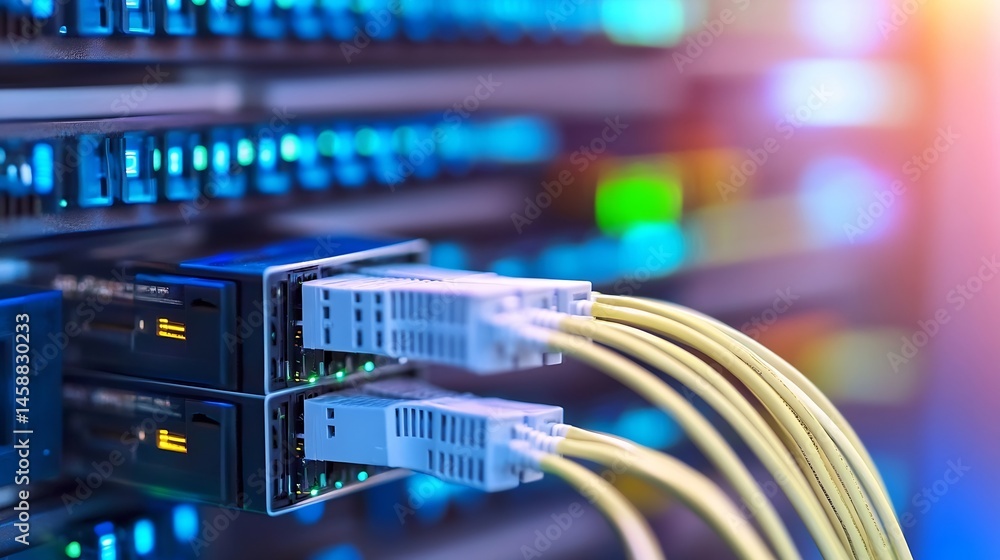 Poster Close-up of fiber optic cables connected to a network switch in a server room, showcasing glowing lights and intricate details of the technology. : Generative AI