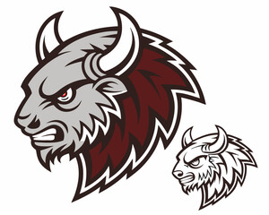 Obraz premium Powerful Bison Head Mascot Design fierce expression maroon and gray color scheme sharp lines vector illustration two
