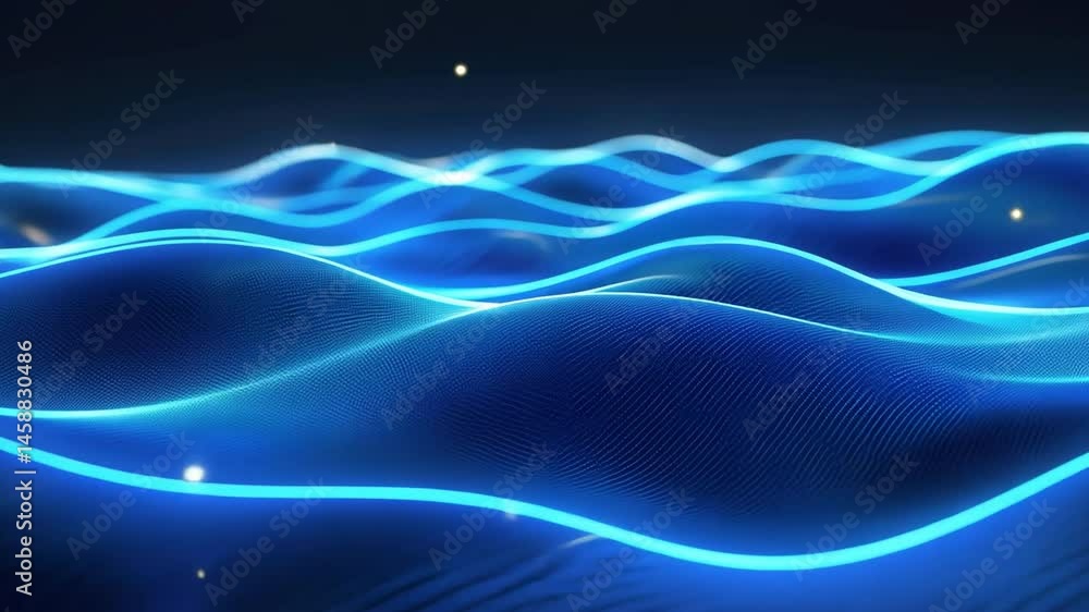 Poster abstract blue waves with smooth curves and glowing lines create mesmerizing digital landscape, evoki