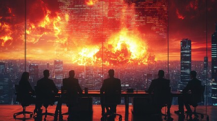 Silhouetted Business Meeting Amidst Fiery City Destruction