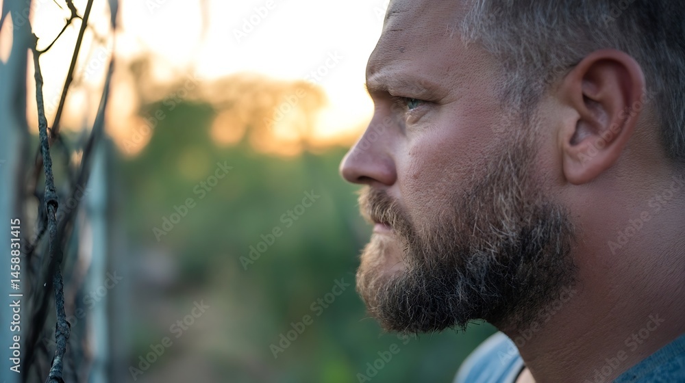 Poster a pensive man with a beard gazes towards a setting sun, his profile silhouetted against a blurred ba