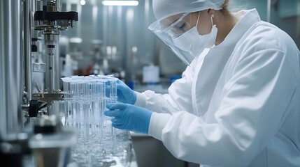 Female scientist in a sterile lab coat carefully handles a rack of clear plastic test tubes near a high-tech laboratory machine. : Generative AI