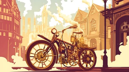Obraz premium Steam powered bicycle in a vintage city