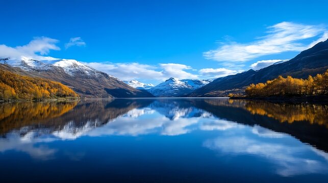 Serene autumnal lake mirroring snow-capped mountains under a vibrant blue sky, showcasing golden larch trees along the shoreline. : Generative AI
