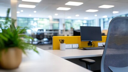 Modern office workspace with a grey mesh chair, yellow partition, and potted fern, showcasing a minimalist and productive work environment. : Generative AI