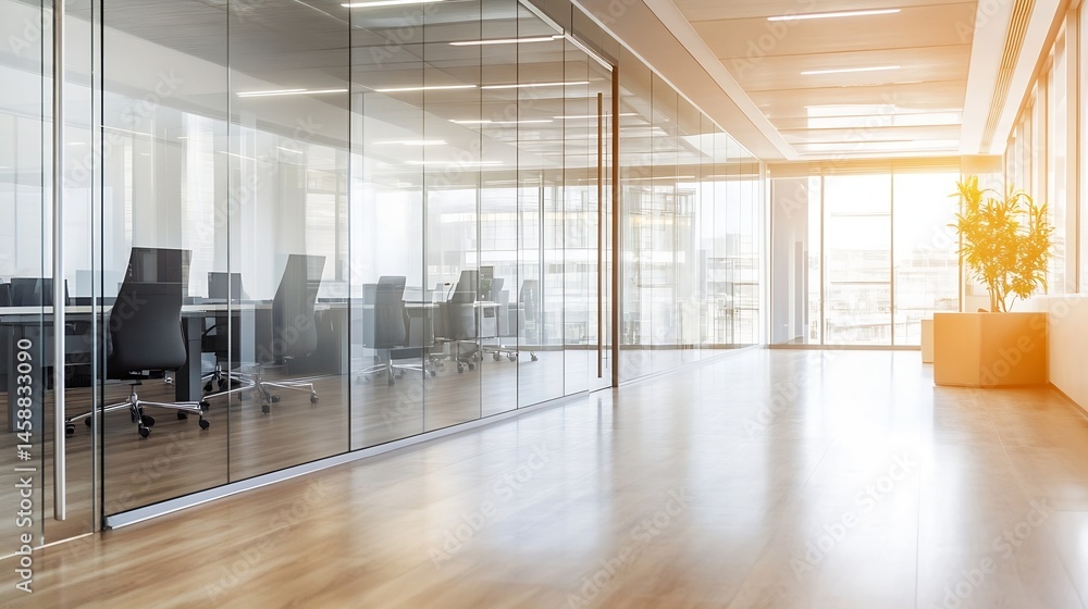 Poster Modern office interior with glass partition walls, showcasing a bright and spacious workspace with sleek furniture and natural light streaming in from large windows. : Generative AI