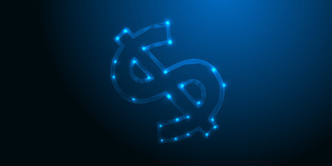 Low poly dollar icon on dark blue gradient background. Abstract polygonal $ symbol for finance, banking, cryptocurrency, investment platforms, and digital economy visuals.