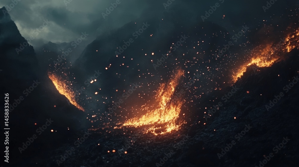 Poster a cinematic fire overlay with embers floating in slow motion against a dark backdrop, creating a mes