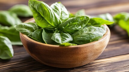 Fresh green basil leaves in a rustic wooden bowl, close-up view on a dark brown wooden table.  A healthy and aromatic herb perfect for cooking. : Generative AI